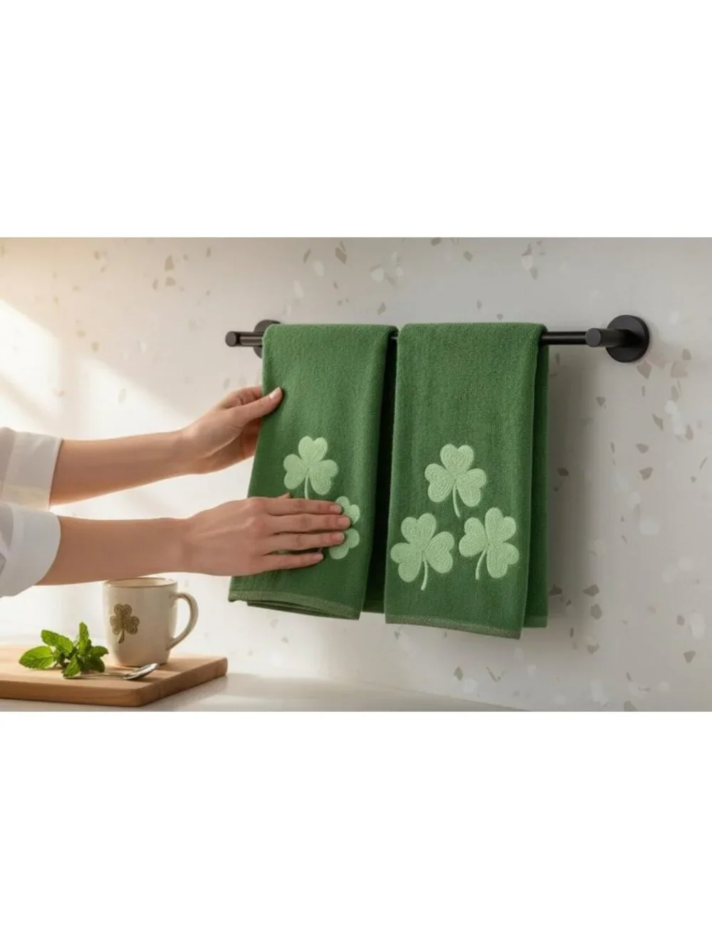 St. Patrick's Day Hand Towels Set - Soft Cotton, Embroidered Shamrocks, Green